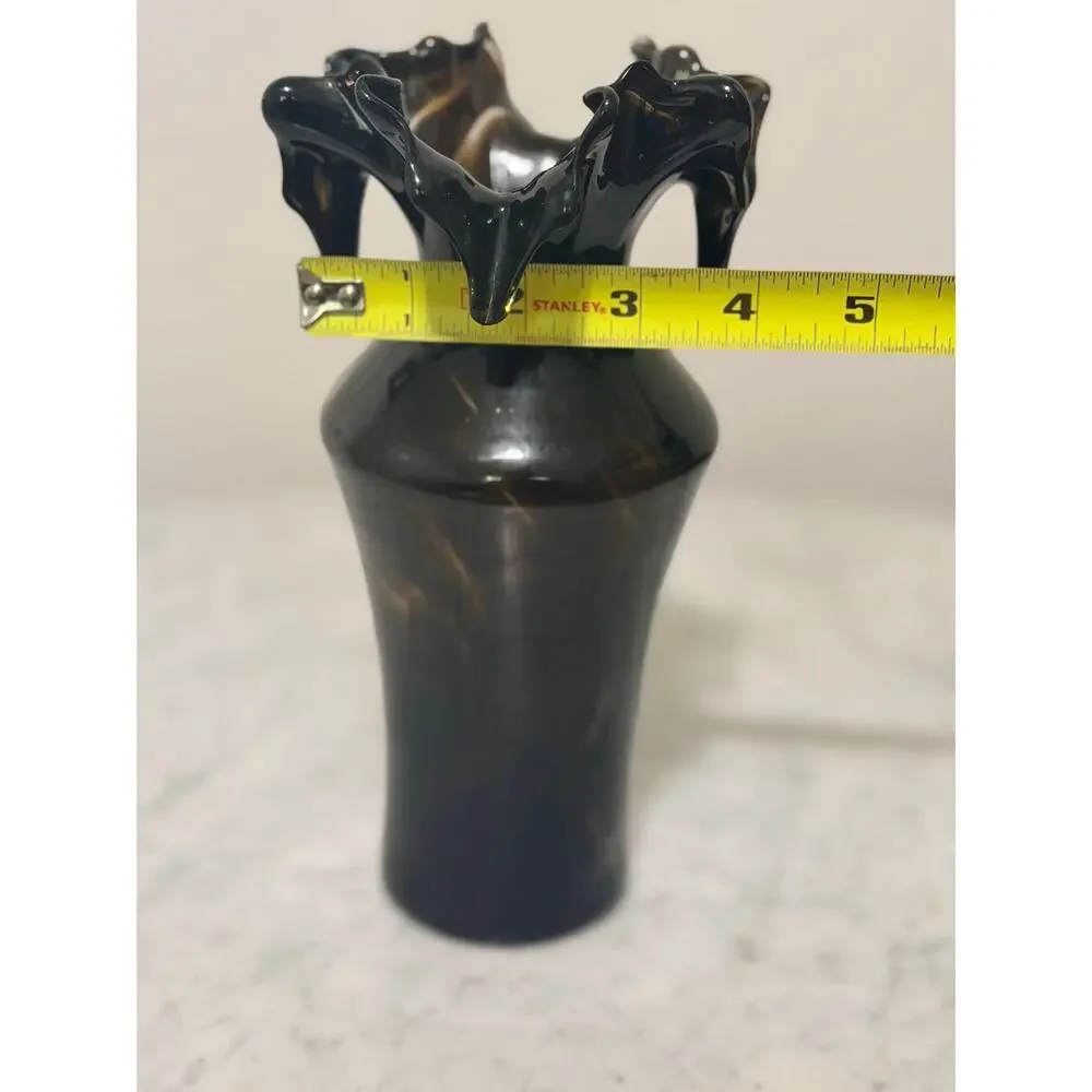 Vintage Black Amethyst Art Glass Vase 9” Hand-Blown Ruffled Crimped Rim